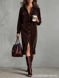 Fongt Women's Elegant Workwear Style Pocket Button Velvet Shirt Dress Dress