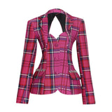 TWOTWINSTYLE Plaid Blazer For Women Square Collar Long Sleeves Backless Slim Fit Elegant Blazer Female 2022 Spring Fashion