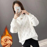 Thicken Plus Velvet Sweaters For Women Casual Warm Knit Pullovers Korean Fleece Lined Knitwear Ribbed Bottomed Tops