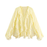 Fongt New Women's Fashion Cascade Decoration Fashion Chiffon V-Neck Long-Sleeved Shirt