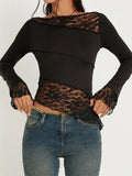 Lace Floral See Through Patchwork T-shirts Tops for Women Long Sleeve O-neck Slim Fit Irregular Hem Tees Shirts 2023-Outfit