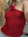 Women 3D Flower Crochet Knitted Halter Tank Crop Tops Y2K Sleeveless Backless 2000s Aesthetic Camis Off Shoulder Vest-Outfit