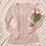 V-Neck Lace Trim Cable Knit Tee-Outfit