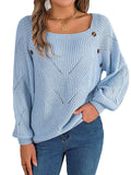 Fongt 2025 Casual Square Collar Button Solid Color Hollow Lantern Sleeve Sweater Temu Women's Clothing