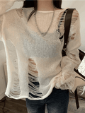 White Long Sleeve Distressed Knit Top-Outfit