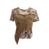 Real Shooting Of The Edge Of The Denim Splicing Tie Dye Mesh Repair Irregular Two Short-Sleeved Top T-Shirt
