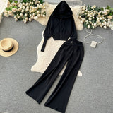 Fongt And Winter Solid Knitted Hooded Hooded Jersey Blouse High Waist-Hanging Feeling Trousers Casual Two Sets Of Women