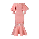Fongt Women's One-Word Collar Bubble Sleeve Lace Splicing Banquet Fishtail Dress Dress Dress Dress Dress Dress