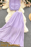 Chiffon Two Piece Sets Women Summer Sleeveless Tank Tops Blouse and Pleated Long Skirts Outfits Ladies Elegant