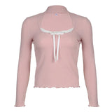 Fongt Girl Wind Lace Stitching Bow Long Sleeve T Shirt Square Collar Pit Strip Slim Solid Color Bottom Top-Outfit