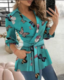 Hot Style Autumn New Print Long Sleeve V Collar Belt Shirt Women-Outfit