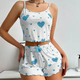 Fongt New 2024 Knitted Pit Strip Love Print Design Sweet Sling Shorts Pure Pyjamas