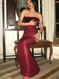 Strapless Red Feather Mesh Maxi Dress-Outfit