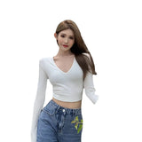 Fongt Women's Short Slim Long Sleeve With Bottom Shirt Autumn 2024 New Sexy V-Neck Collarbone Student Top