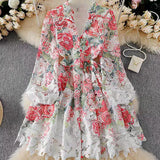 Fongt Printed Lantern Sleeve Dress Female Spring V-Neck Hollow Hook Flower Embroidery Light Luxury A Dress