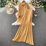Fongt Wind Leisure Two Sets Of Women Loose Outside Thin Long-Sleeved Shirt Cover Skinny Sling Dress