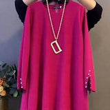 Winter New Fashion Midi Dress Casual Solid Color Lace Patchwork Commute Straight Korean Embroidered Flares O-Neck Dresses-Outfit