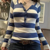 Striped Button Up Ribbed Knit Top-Outfit
