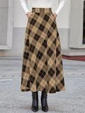 Fongt Autumn Lady High-Rise Thin Lattice A-Shaped Skirt Party Casual Loose Swing Umbrella Skirt