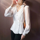 Style Irregular V-Neck Blouse Female Clothing Commute Asymmetrical Single-breasted Spring Autumn Chic Folds Waist Shirt-Outfit