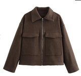 Fongt Women's Explosive Retro Fashion Simple Collar Big Pocket Zipper Wool Coat