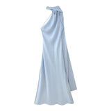 Fongt Women's Explosive Silk And Tedish Texture With Hanging Neck Dress