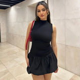 Fongt Women's Wear 2024 Summer New Fashion Sexy Back Hollow Out Slim Patchwork Pleated Dress Female-Outfit