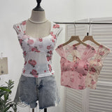 Fang Collar Broken Flower Mesh Flying Sleeve With Breast Pad Sling Vest Short Umbilly Sleeveless Top Lady