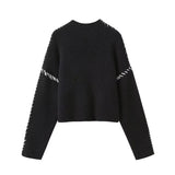Fongt Women's 2025 Sweater Autumn Round Knitted Shirt To Keep Warm And Catch Chic Color Splicing Wiring Sweater M6221