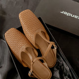 Spring 2024 T-Strap Leather Woven French Wrap Sandals Flat Night Wind With Skirt Half Drag-Outfit
