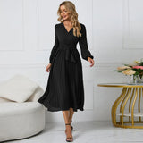 Fongt Thin Women's New Long-Sleeved Slim 100-Folded Belt V-Neck Dress A-Dress