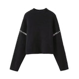 Fongt Women's 2025 Sweater Autumn Round Knitted Shirt To Keep Warm And Catch Chic Color Splicing Wiring Sweater M6221