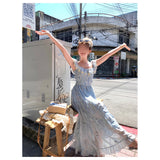 Fongt Long Print Small Flying Sleeve Sling Dress Design Sense Of Senior Women's Spring Sweet Thin