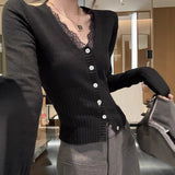 Fongt Women V-Neck Lace Spliced Knitted Shirt Women Autumn Winter Slim Small Gentle Comfortable Thin Inside Cloth