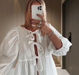 New Sweet Casual Strap Round Collar Bubble Sleeve Versatile Shirt-Outfit