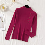 Casual Front Button Slim Knitted Sweater Long Sleeve Stand Collar Solid High Street Pullover 2021 Winter New Fashion