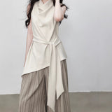 Fongt Texture Sleeveless Top Summer New T-Shirt With Waist Design Temperament White T-Shirt Women + Striped Pants