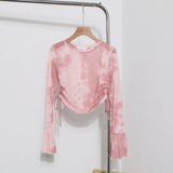 Solid Shot Tie Dyed Mesh Yarn Small Lequine Horn Long Sleeve Thin T-Shirt Drawstring With Short Repair Body Coat
