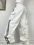 Jeans White Pant Low Rise Cargo Pants Women Jogging Lace Up Wide Leg Pant Side Stripe Streetwear Loose Denim