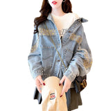 Fongt Sense Sequins Lazy Style Korean Version Denim Jacket Female Autumn 2024 New Style Loose Short Versatile Jacket-Outfit
