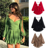 Fongt Explosive Women's Temperament V Neck Shoulder Sleeves Tethered Waist Dress