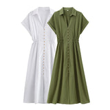 Fongt Women's Fashion Casual Shirt-Style Buckle-Style Waist-Long Dress