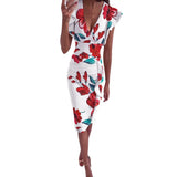 Fongt New Multi-Color Printing Dress V Collar Lotus Edges Sexy High-Waisted