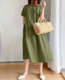 Fongt New Leisure Spring And Summer Loose Skirt Short Sleeve Round Neck Solid Cotton Linen Dress
