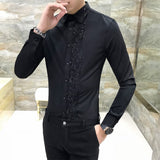 New Shirt Men High Quality Lace Patchwork Long Sleeve Slim Fit Tuxedo Shirt Casual Solid Hairstylist Work Shirts For