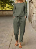Women's Fashion Solid Color Casual Pocket Two-piece Simple Retro Elastic