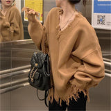 Fongt New Autumn-Winter 2023 V-Neck Sweater Female Loose Long Sleeve Lazy Wind Jacket Sweater Niche Style Broken Hole Sweater-Outfit