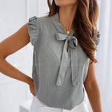 Women Blouses Short Sleeves Shirt Summer Bow Lace Up Polka Dot Female Tops Ruffle Pullover Vintage