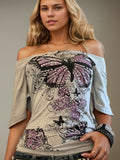 Fongt Niche Design Sense Retro Print Shoulder Short-Sleeved T-Shirt Hottie Side Shoulder-To-Shoulder-To-Shoulder-To-Shoulder-To-Wear Blouse