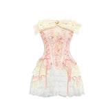 Elegant Corset Suit Women Bow Tie Sexy Lace Tube Top White Shorts Two Piece Casual Fashion Summer Female Two Piece Set-Outfit